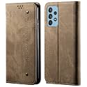 PUDINI® Luxury Denim Leather Finish Flip Cover for Samsung Galaxy M32 5G {NOT for Galaxy M32 4G} Wallet Case Cards Slot with Magnetic Closer, Kickstand Flip Cover, 360° Protection - Khaki