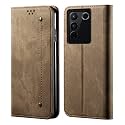 PUDINI® Luxury Denim Leather Finish Flip Cover for Vivo V27 PRO | Vivo V27 Wallet Case Cards Slot with Magnetic Closer, Kickstand Flip Cover, 360° Protection - Khaki