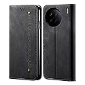 PUDINI® Luxury Denim Leather Finish Flip Cover for Vivo X90 Wallet Case Cards Slot with Magnetic Closer, Kickstand Flip Cover, 360° Protection - Black