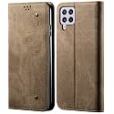 PUDINI® Luxury Denim Leather Finish Flip Cover for Samsung Galaxy A22 (4G) Wallet Case Cards Slot with Magnetic Closer, Kickstand Flip Cover, 360° Protection - Khaki