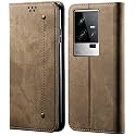 PUDINI® Luxury Denim Leather Finish Flip Cover for iQOO 11 5G Wallet Case Cards Slot with Magnetic Closer, Kickstand Flip Cover, 360° Protection - Khaki