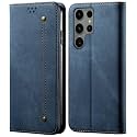 PUDINI® Luxury Denim Leather Finish Flip Cover for Samsung Galaxy S23 Ultra Wallet Case Cards Slot with Magnetic Closer, Kickstand Flip Cover, 360° Protection - Blue