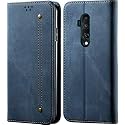 PUDINI® Luxury Denim Leather Finish Flip Cover for OnePlus 7T PRO/One Plus 7T PRO / 1+7T PRO Wallet Case Cards Slot with Magnetic Closer, Kickstand Flip Cover, 360° Protection - Blue