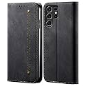 PUDINI® Luxury Denim Leather Finish Flip Cover for Samsung Galaxy S22 Ultra Wallet Case Cards Slot with Magnetic Closer, Kickstand Flip Cover, 360° Protection - Black