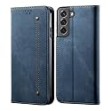 PUDINI® Luxury Denim Leather Finish Flip Cover for Samsung Galaxy S21 FE 5G Wallet Case Cards Slot with Magnetic Closer, Kickstand Flip Cover, 360° Protection - Blue