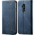PUDINI® Luxury Denim Leather Finish Flip Cover for OnePlus 7T PRO/One Plus 7T PRO / 1+7T PRO Wallet Case Cards Slot with Magnetic Closer, Kickstand Flip Cover, 360° Protection - Blue