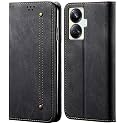 PUDINI® Luxury Denim Leather Finish Flip Cover for Realme 10 Pro+ 5G | 10 Pro Plus 5G Wallet Case Cards Slot with Magnetic Closer, Kickstand Flip Cover, 360° Protection - Black
