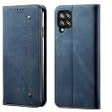 PUDINI® Luxury Denim Leather Finish Flip Cover for Samsung Galaxy M42 5G Wallet Case Cards Slot with Magnetic Closer, Kickstand Flip Cover, 360° Protection - Blue