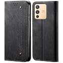 PUDINI® Luxury Denim Leather Finish Flip Cover for Vivo V23 PRO 5G Wallet Case Cards Slot with Magnetic Closer, Kickstand Flip Cover, 360° Protection - Black