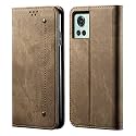 PUDINI® Luxury Denim Leather Finish Flip Cover for OnePlus 10R Wallet Case Cards Slot with Magnetic Closer, Kickstand Flip Cover, 360° Protection - Khaki