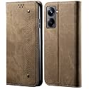 PUDINI® Luxury Denim Leather Finish Flip Cover for Realme 10 PRO 5G Wallet Case Cards Slot with Magnetic Closer, Kickstand Flip Cover, 360° Protection - Khaki