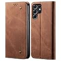PUDINI® Luxury Denim Leather Finish Flip Cover for Samsung Galaxy S22 Ultra Wallet Case Cards Slot with Magnetic Closer, Kickstand Flip Cover, 360° Protection - Brown
