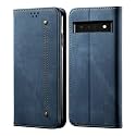 PUDINI® Luxury Denim Leather Finish Flip Cover for Google Pixel 6 PRO Wallet Case Cards Slot with Magnetic Closer, Kickstand Flip Cover, 360° Protection - Blue