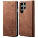 PUDINI® Luxury Denim Leather Finish Flip Cover for Samsung Galaxy S23 Ultra Wallet Case Cards Slot with Magnetic Closer, Kickstand Flip Cover, 360° Protection - Brown