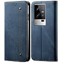 PUDINI® Luxury Denim Leather Finish Flip Cover for iQOO 11 5G Wallet Case Cards Slot with Magnetic Closer, Kickstand Flip Cover, 360° Protection - Blue