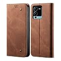 PUDINI® Luxury Denim Leather Finish Flip Cover for Vivo V25 PRO Wallet Case Cards Slot with Magnetic Closer, Kickstand Flip Cover, 360° Protection - Brown