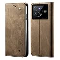 PUDINI® Luxury Denim Leather Finish Flip Cover for Vivo X80 Wallet Case Cards Slot with Magnetic Closer, Kickstand Flip Cover, 360° Protection - Khaki