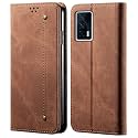PUDINI® Luxury Denim Leather Finish Flip Cover for iQOO 7 5G Wallet Case Cards Slot with Magnetic Closer, Kickstand Flip Cover, 360° Protection - Brown