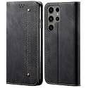 PUDINI® Luxury Denim Leather Finish Flip Cover for Samsung Galaxy S23 Ultra Wallet Case Cards Slot with Magnetic Closer, Kickstand Flip Cover, 360° Protection - Black