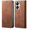 PUDINI® Luxury Denim Leather Finish Flip Cover for Realme 10 Pro+ 5G | 10 Pro Plus 5G Wallet Case Cards Slot with Magnetic Closer, Kickstand Flip Cover, 360° Protection - Brown