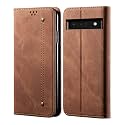 PUDINI® Luxury Denim Leather Finish Flip Cover for Google Pixel 6a Wallet Case Cards Slot with Magnetic Closer, Kickstand Flip Cover, 360° Protection - Brown