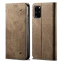 PUDINI® Luxury Denim Leather Finish Flip Cover for Samsung Galaxy S20+ / Galaxy S20 Plus Wallet Case Cards Slot with Magnetic Closer, Kickstand Flip Cover, 360° Protection - Khaki