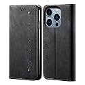 PUDINI® Luxury Denim Leather Finish Flip Cover for Apple iPhone 14 PRO Wallet Case Cards Slot with Magnetic Closer, Kickstand Flip Cover, 360° Protection - Black