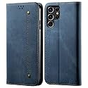 PUDINI® Luxury Denim Leather Finish Flip Cover for Samsung Galaxy S22 Ultra Wallet Case Cards Slot with Magnetic Closer, Kickstand Flip Cover, 360° Protection - Blue