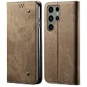 PUDINI® Luxury Denim Leather Finish Flip Cover for Samsung Galaxy S23 Ultra Wallet Case Cards Slot with Magnetic Closer, Kickstand Flip Cover, 360° Protection - Khaki