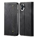 PUDINI® Luxury Denim Leather Finish Flip Cover for Nothing Phone (1) Wallet Case Cards Slot with Magnetic Closer, Kickstand Flip Cover, 360° Protection - Black