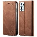 PUDINI® Luxury Denim Leather Finish Flip Cover for Oppo Reno6 PRO 5G / Reno 6 PRO 5G Wallet Case Cards Slot with Magnetic Closer, Kickstand Flip Cover, 360° Protection - Brown