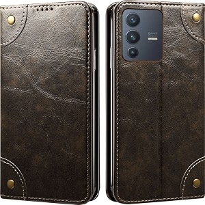 pu leather wallet folio case for vivo v23 5g flip cover book design pouch with stand amp card slot magnetic push closure - grey