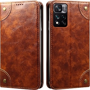 pu leather wallet folio case for xiaomi 11i 5g  11i hypercharge flip cover book design pouch with stand amp card slot magnetic push closure - brown