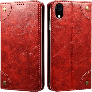 pu leather wallet folio case for apple iphone xr 61 inch flip cover book design pouch with stand amp card slot magnetic push closure - red