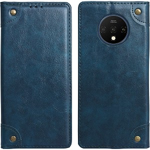 pu leather wallet folio case for oneplus 7t  one plus 7t  17t flip cover book design pouch with stand amp card slot magnetic push closure - blue