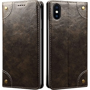 pu leather wallet folio case for apple iphone xs max 65 inch flip cover book design pouch with stand amp card slot magnetic push closure - grey
