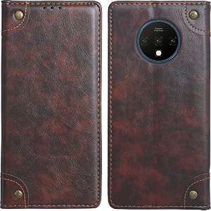 pu leather wallet folio case for oneplus 7t  one plus 7t  17t flip cover book design pouch with stand amp card slot magnetic push closure - coffee
