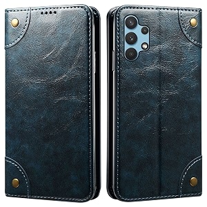 pu leather wallet folio case for samsung galaxy a32 flip cover book design pouch with stand amp card slot magnetic push closure - blue