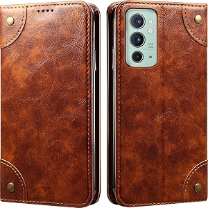 pu leather wallet folio case for oneplus 9rt flip cover book design pouch with stand amp card slot magnetic push closure - brown