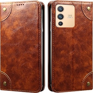 pu leather wallet folio case for vivo v23 pro 5g flip cover book design pouch with stand amp card slot magnetic push closure - brown