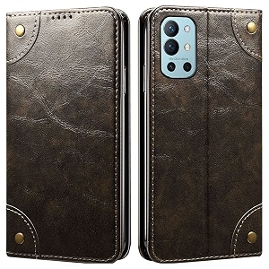 pu leather wallet folio case for oneplus 9r 5g flip cover book design pouch with stand amp card slot magnetic push closure - grey
