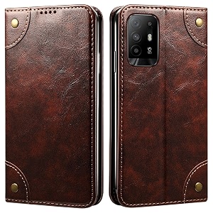 pu leather wallet folio case for oppo f19 pro pluspro flip cover book design pouch with stand amp card slot magnetic push closure - coffee