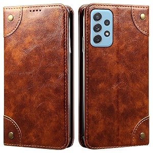 pu leather wallet folio case for samsung galaxy a72 flip cover book design pouch with stand amp card slot magnetic push closure - brown