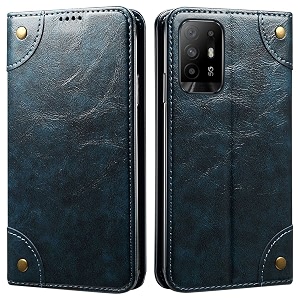 pu leather wallet folio case for oppo f19 pro pluspro flip cover book design pouch with stand amp card slot magnetic push closure - blue