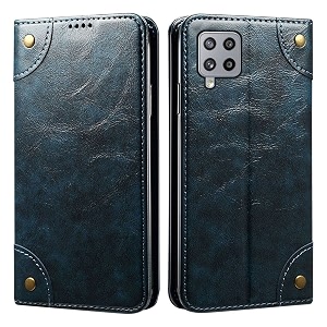 pu leather wallet folio case for samsung galaxy m42 5g flip cover book design pouch with stand amp card slot magnetic push closure - blue