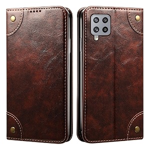 pu leather wallet folio case for samsung galaxy m42 5g flip cover book design pouch with stand amp card slot magnetic push closure - coffee
