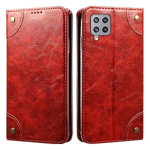 pu leather wallet folio case for samsung galaxy m42 5g flip cover book design pouch with stand amp card slot magnetic push closure - red