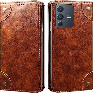 pu leather wallet folio case for vivo v23 5g flip cover book design pouch with stand amp card slot magnetic push closure - brown