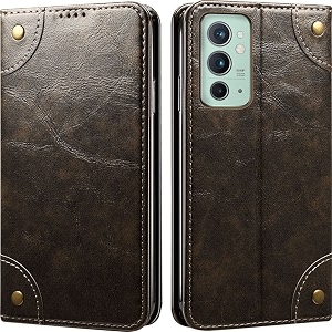 pu leather wallet folio case for oneplus 9rt flip cover book design pouch with stand amp card slot magnetic push closure - grey