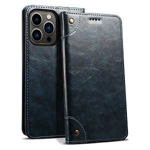 pu leather wallet folio case for apple iphone 13 pro flip cover book design pouch with stand amp card slot magnetic push closure - blue